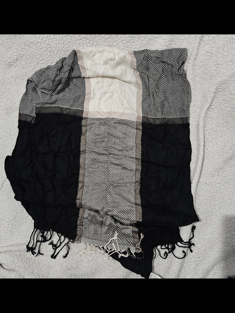 Liz Claiborne Black, White & Cream Striped Fringe Scarf